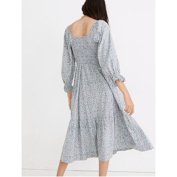 Madewell Lucie Smocked Floral Midi Dress With Puff Sleeves Medium - Picture 3 of 16